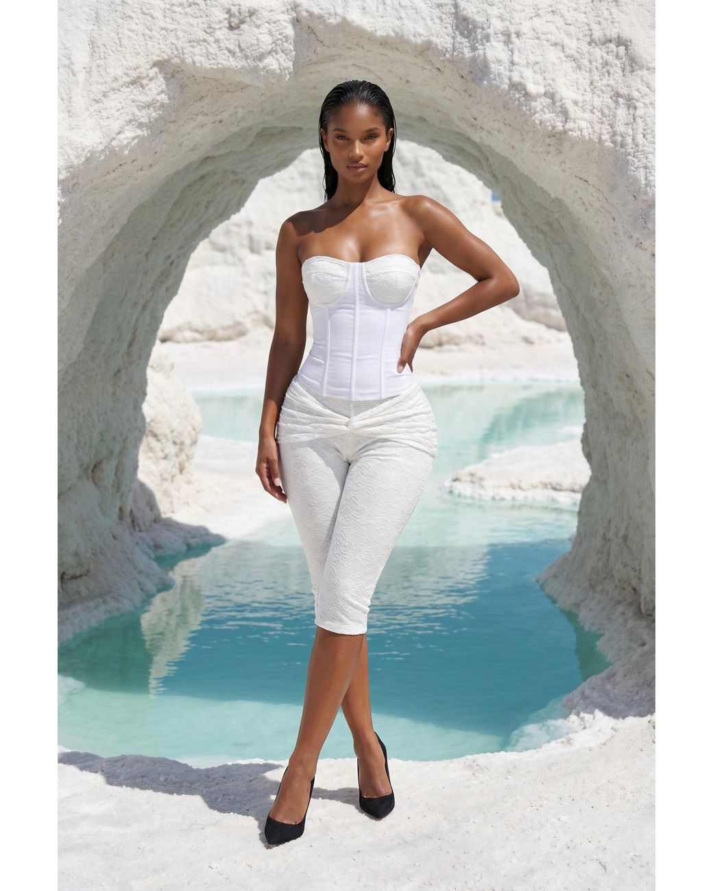 LemonLunar White The Flora Lace Capri Pants