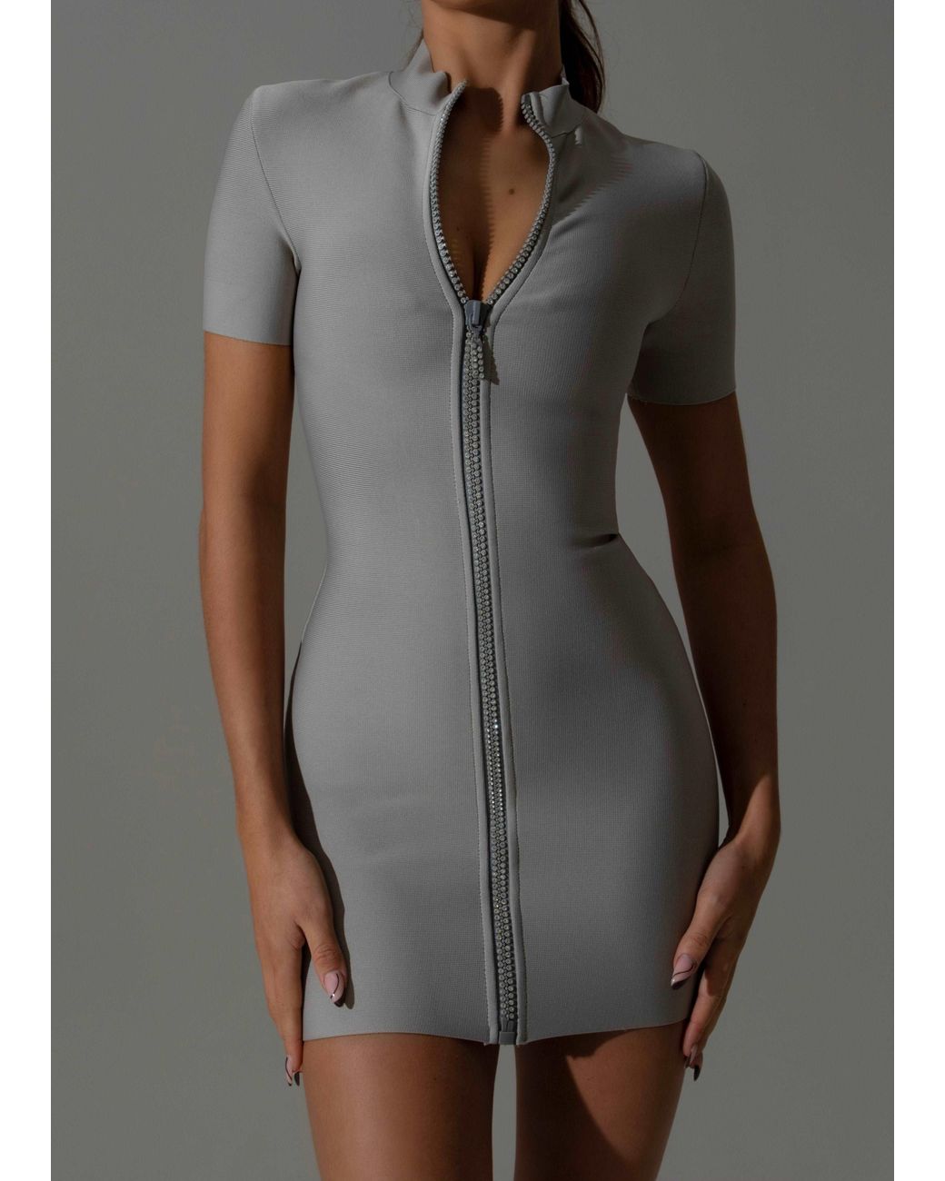 LemonLunar Gray The Arrie Diamante Zip Mini Dress
