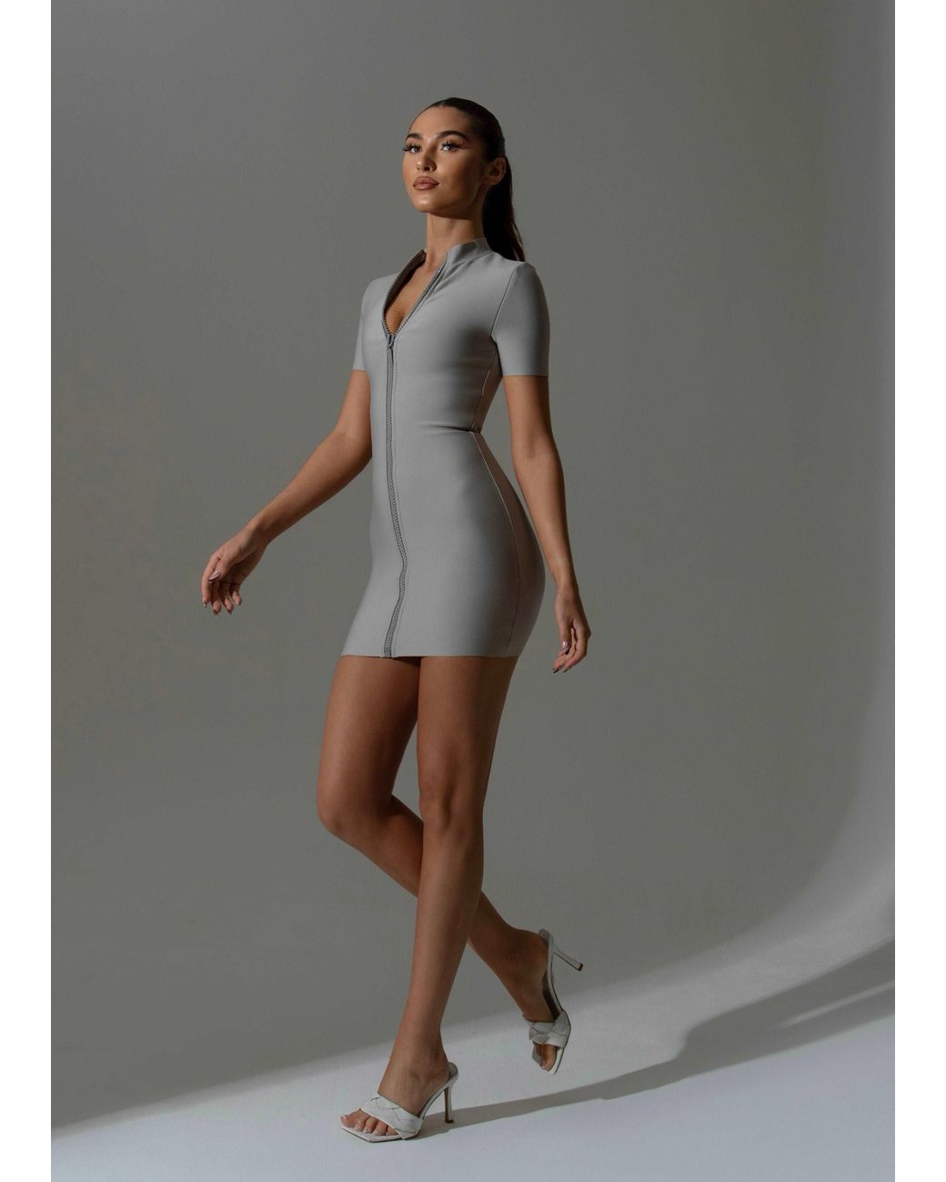 LemonLunar Gray The Arrie Diamante Zip Mini Dress