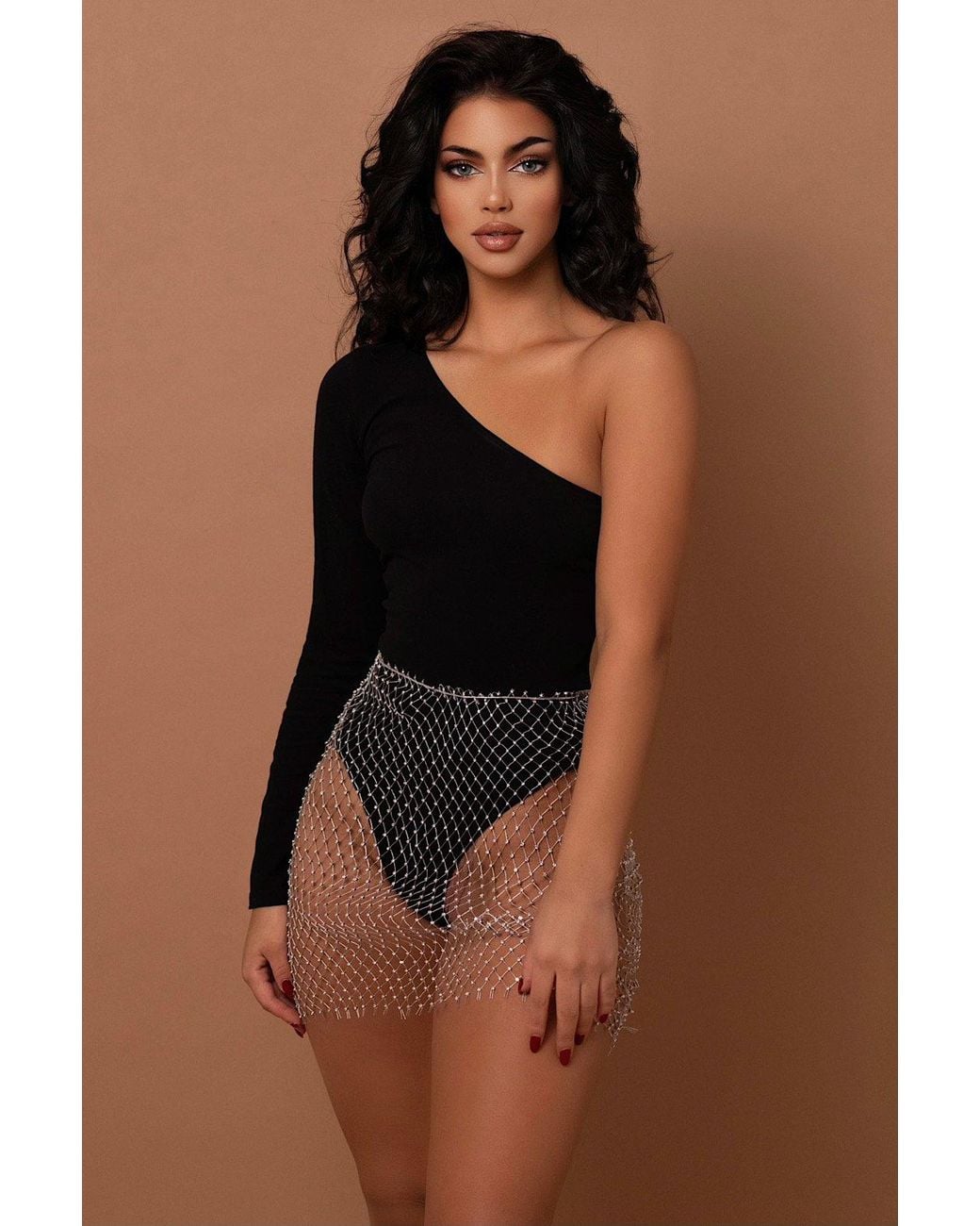 LemonLunar Brown The Mesh Diamante Mini Skirt