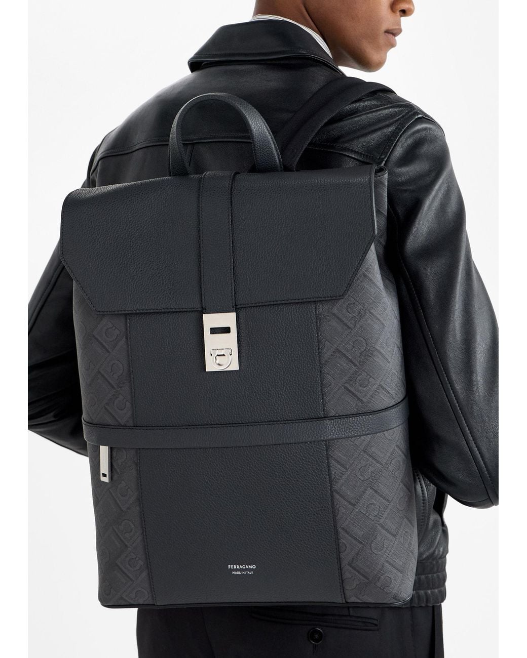 Ferragamo Black Hug Buckle Monogram Backpack for men
