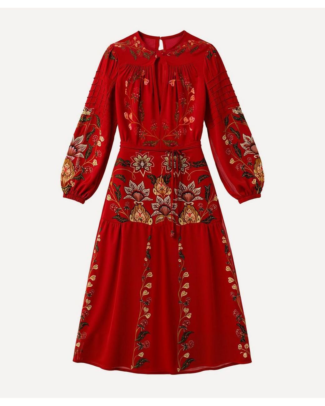 FARM Rio Berry Garden Long-Sleeve Pleated Maxi Dress in Red | Lyst