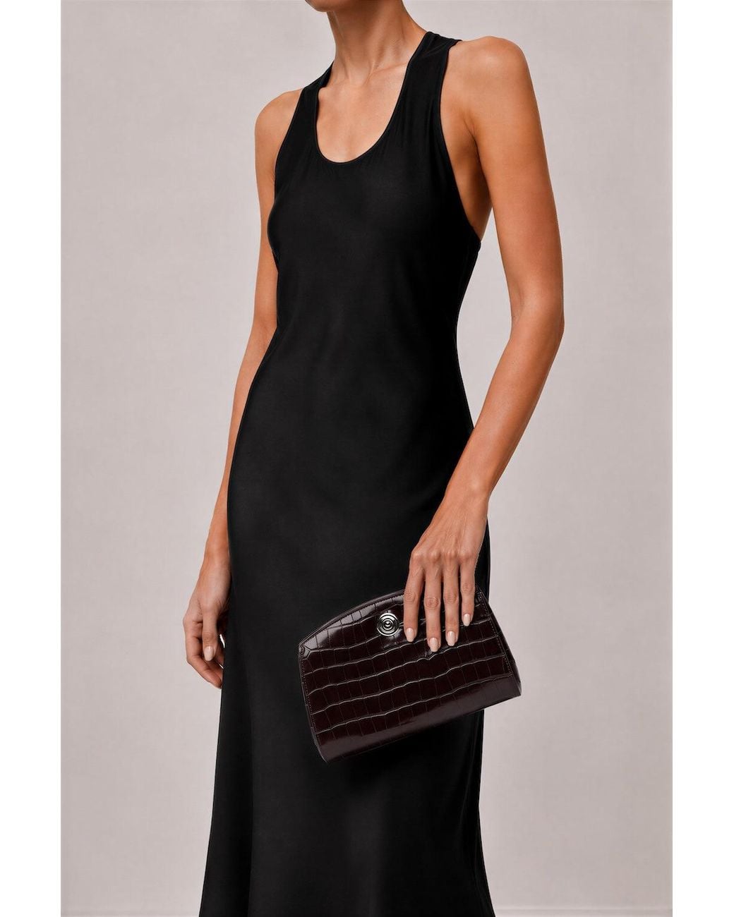 Liffner Brown Pushlock Clutch Dark Croc