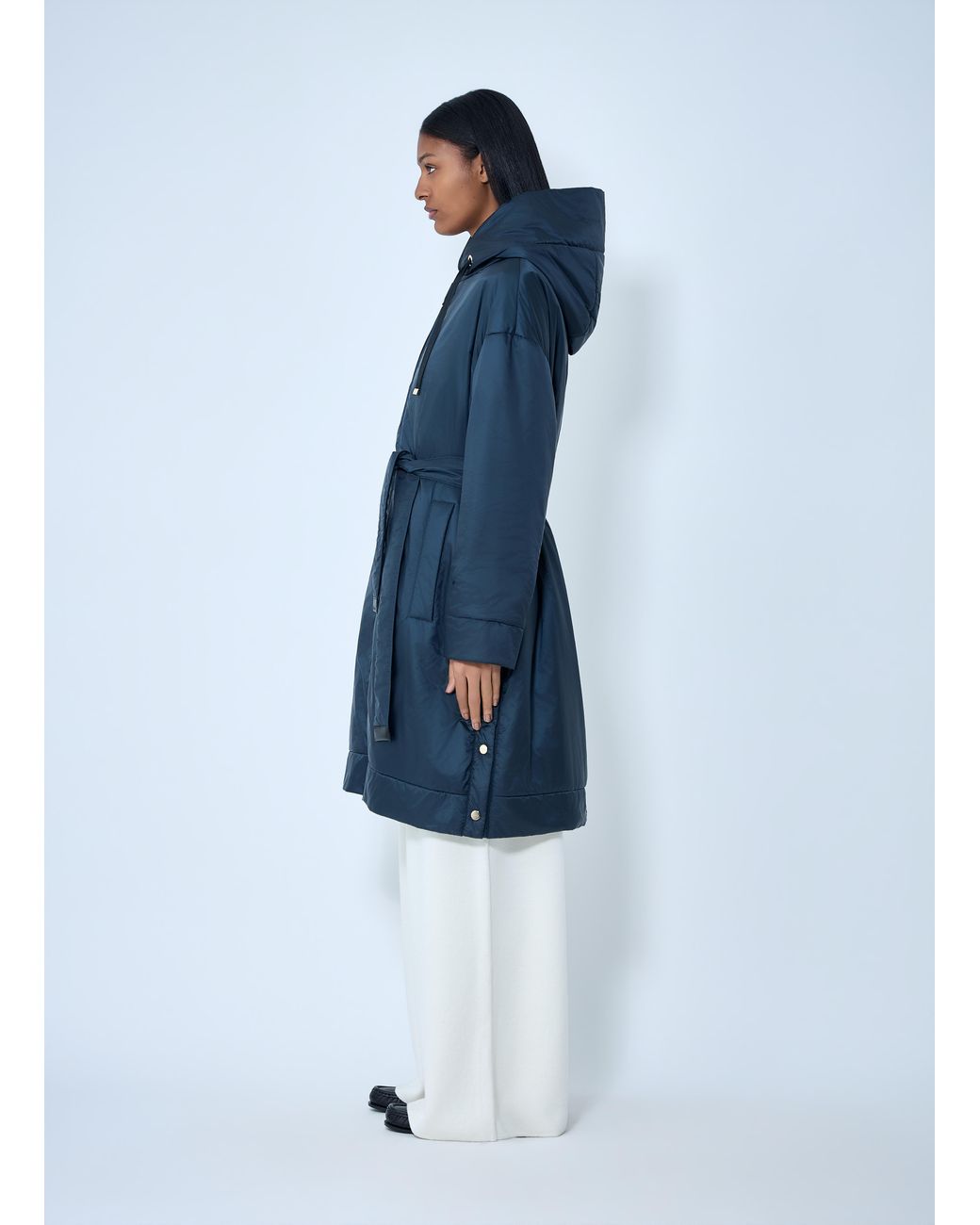 Max Mara Blue Hooded Quilted Coat With Belt