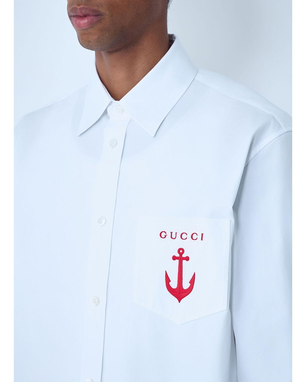 Gucci White Logo Embroidery Button-Down Shirt for men