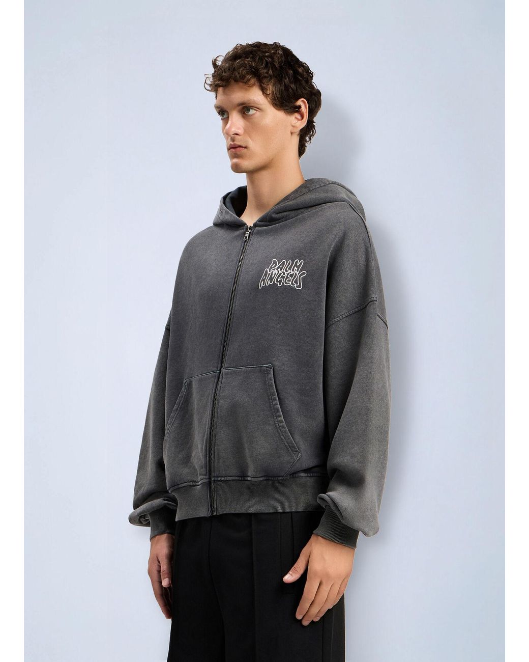 Palm Angels Gray Palm Leaf Loose Zip Hoodie for men