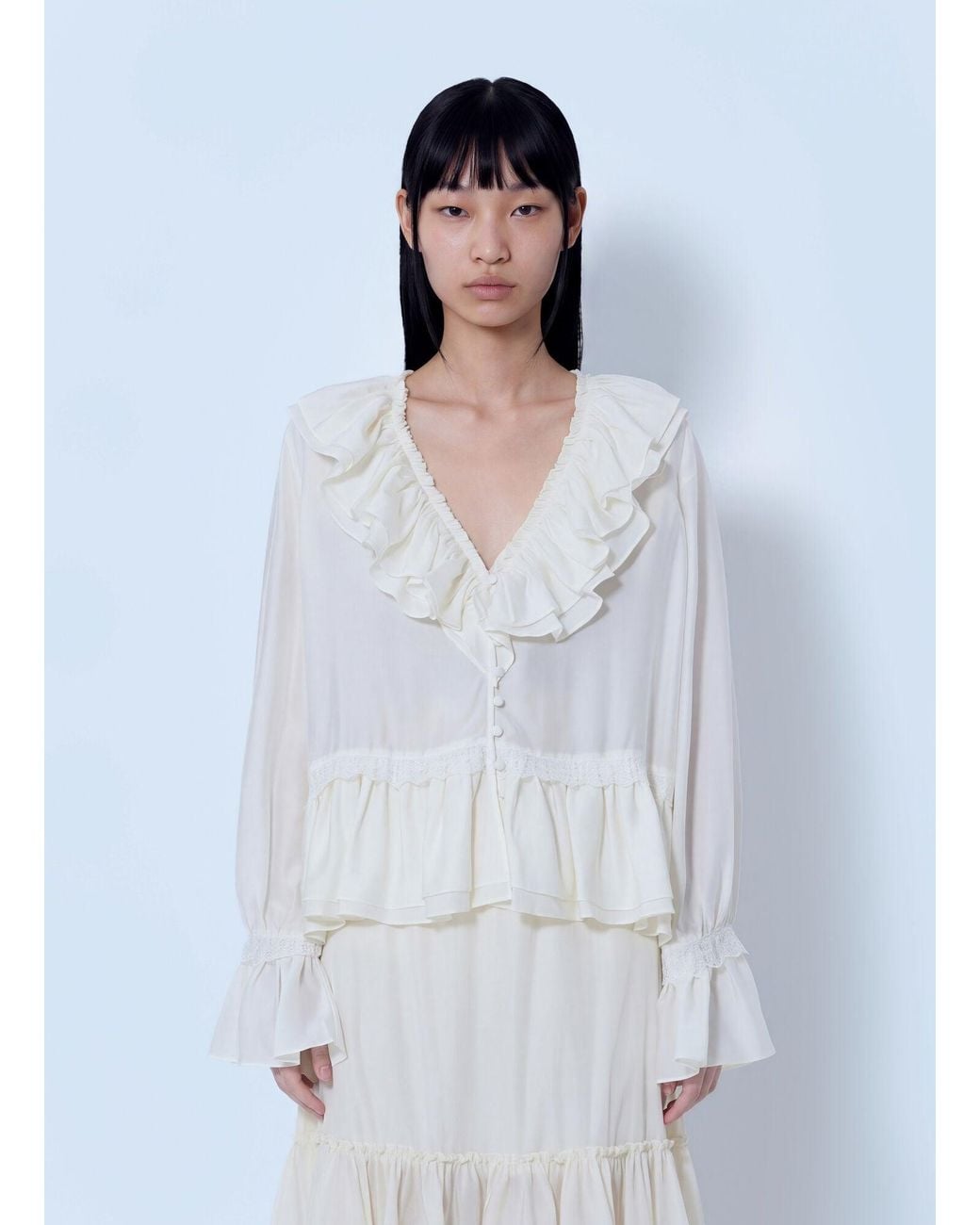 Ganni White Viscose Silk Habotai Frill Blouse
