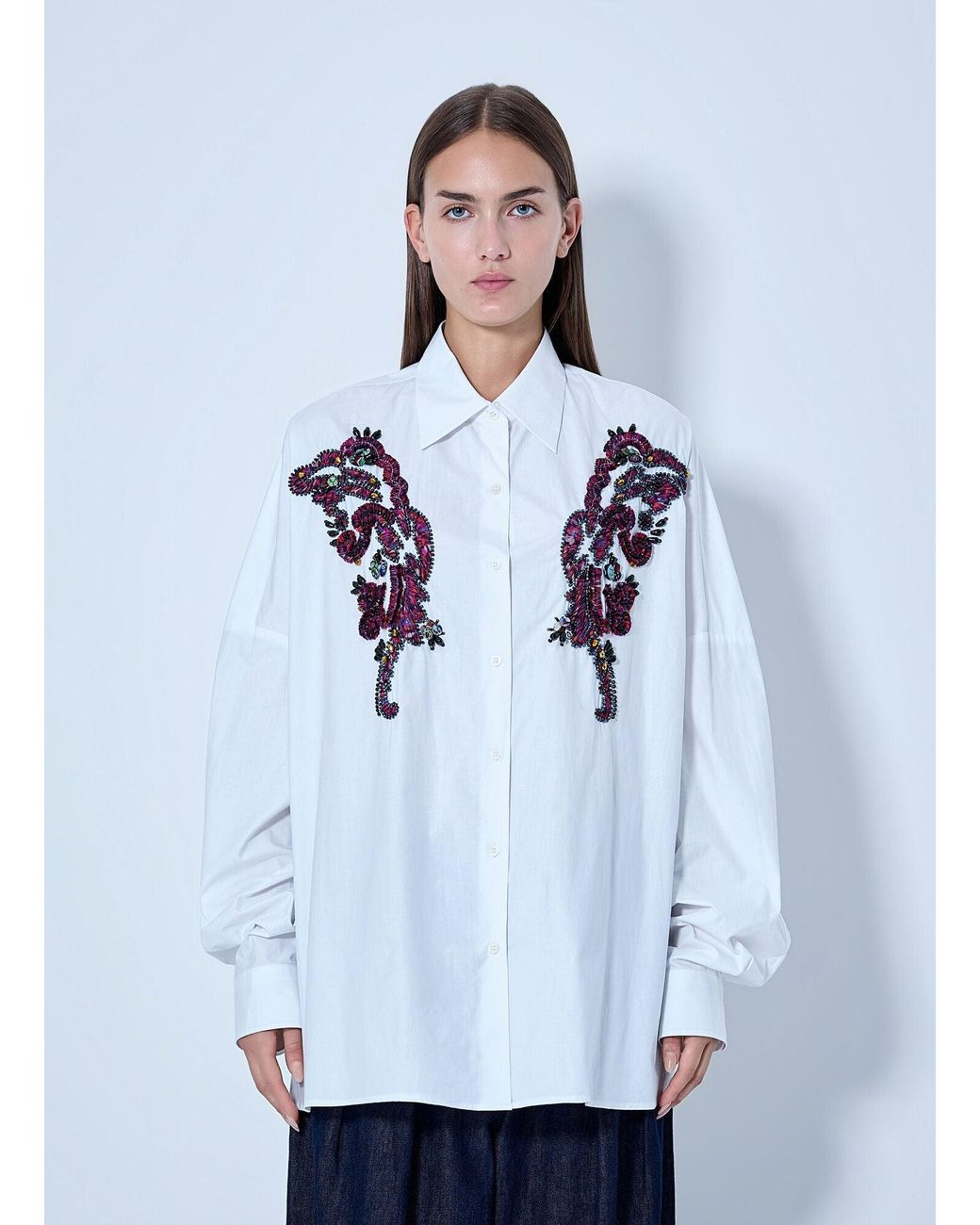 Dries Van Noten Blue Embroidered Casia Oversized Shirt