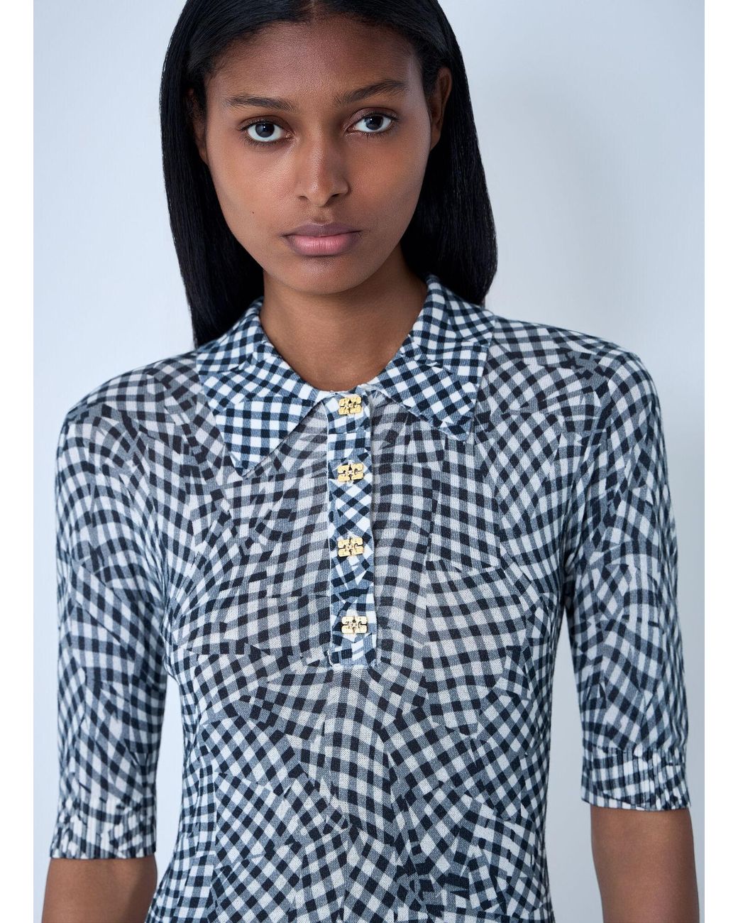 Ganni Blue Mesh Printed Polo Top