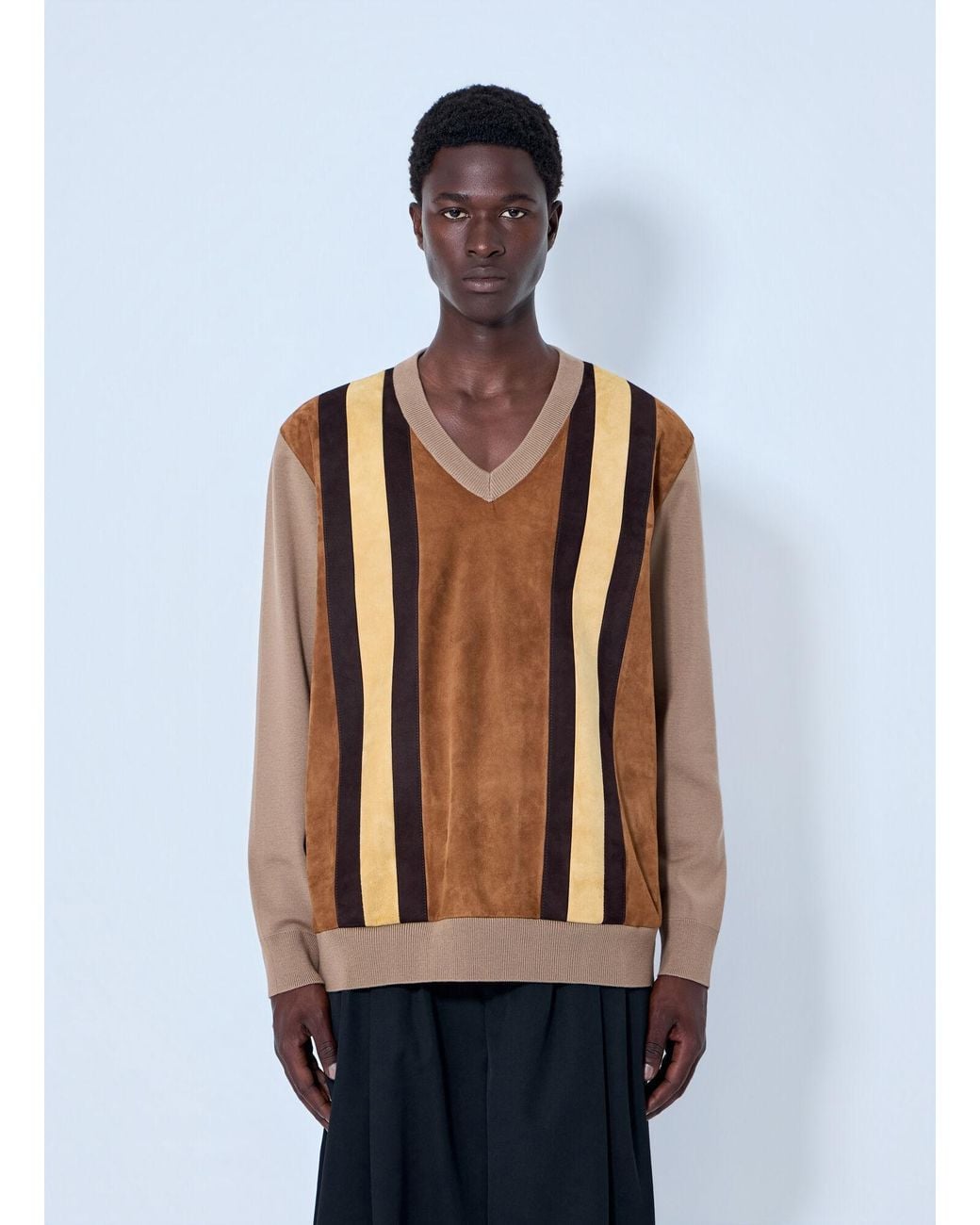 Miu Miu Blue V-Neck Sweater With Contrast Stripes for men
