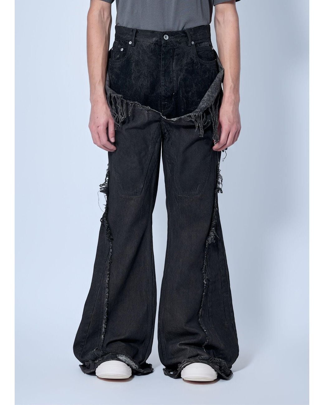 Rick Owens Black Shredded Denim Slivered Bootcut Jeans for men