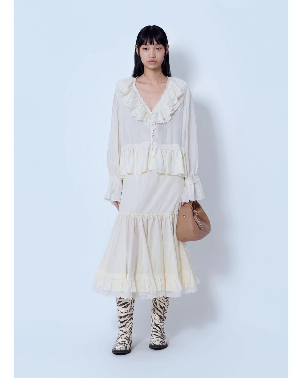 Ganni White Viscose Silk Habotai Frill Blouse