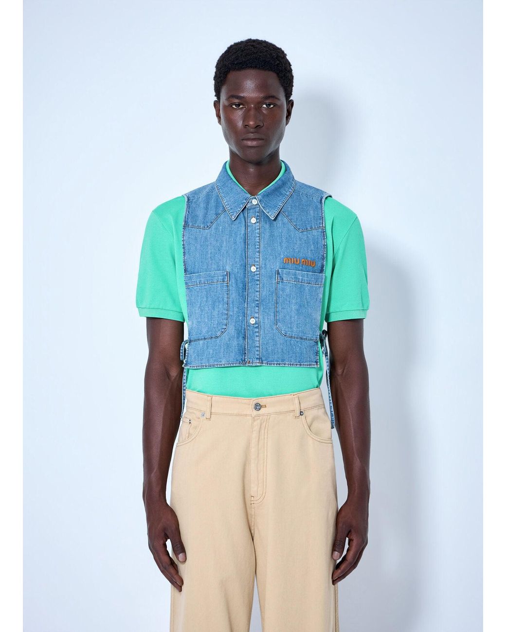 Miu Miu Blue Cropped Chambray Tie Shirt for men