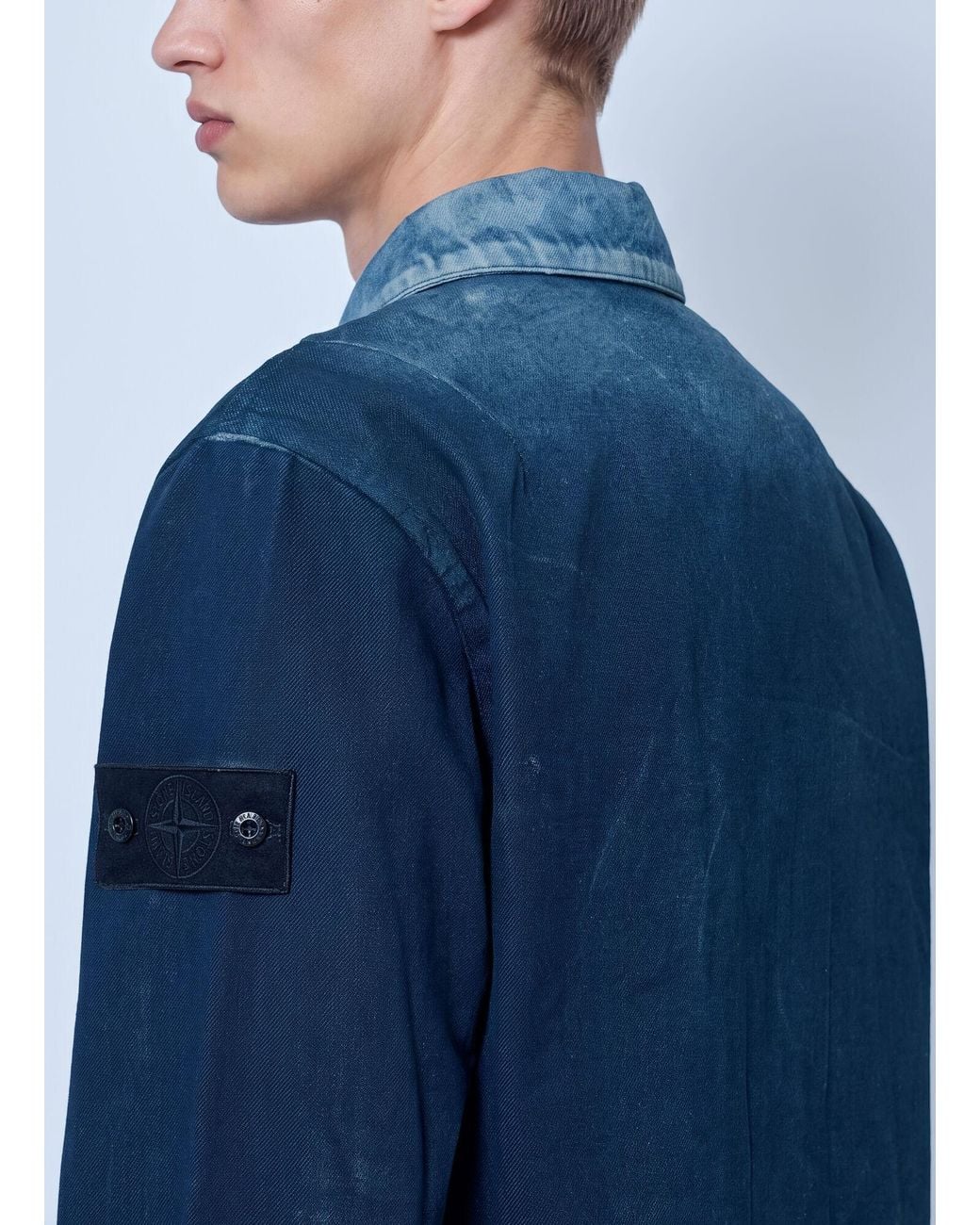 Stone Island Blue Zip-front Overshirt With Patch Pocket for men