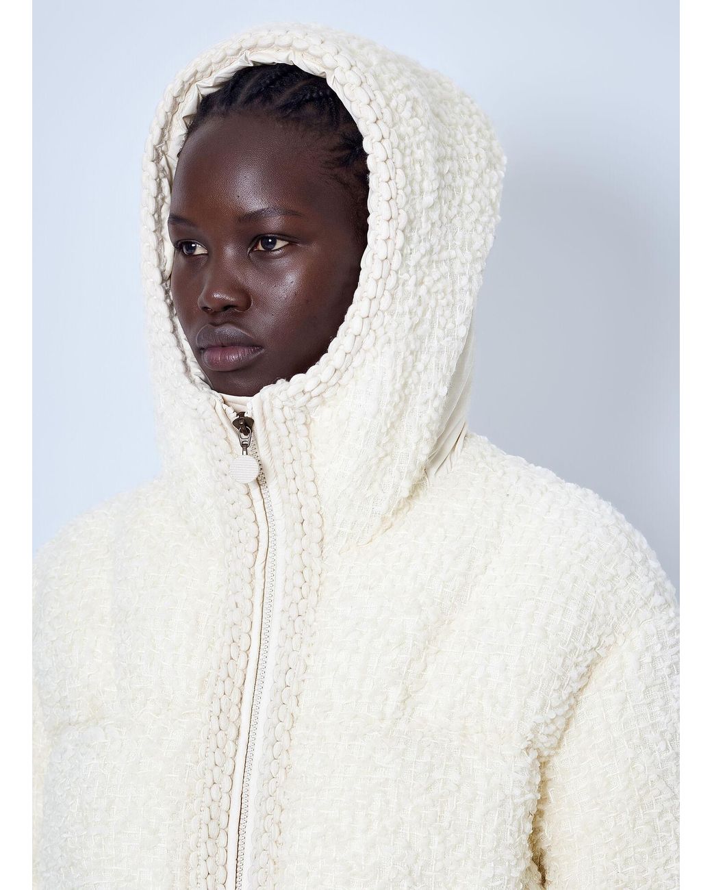 Moncler White Cristallin Hooded Wool Blend Short Down Jacket
