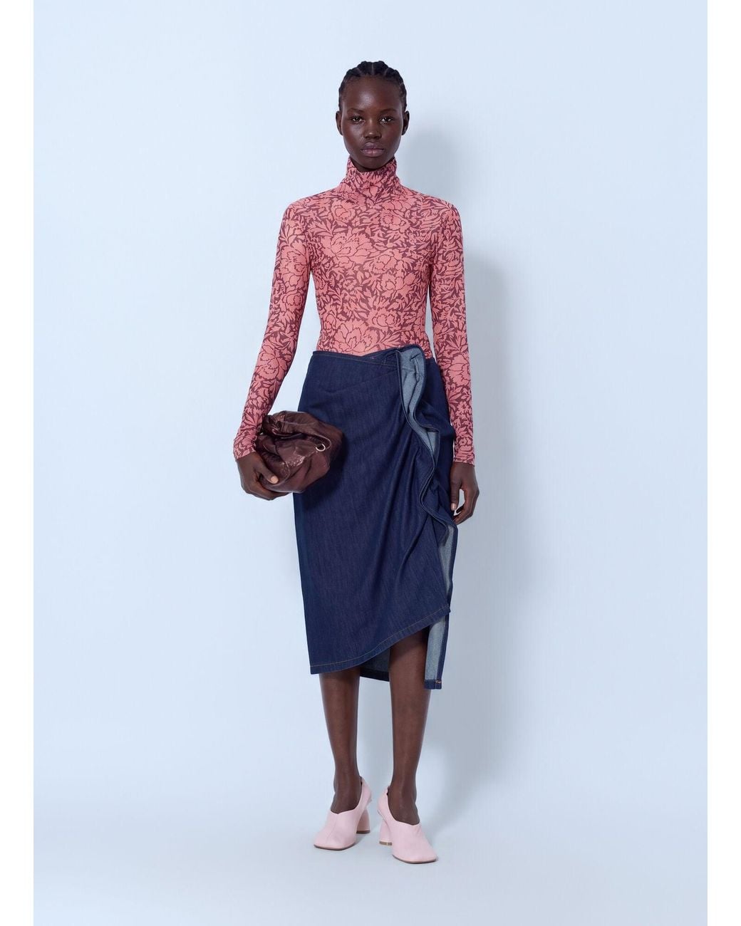 Dries Van Noten Blue Sinas Ruffle Denim Midi Skirt