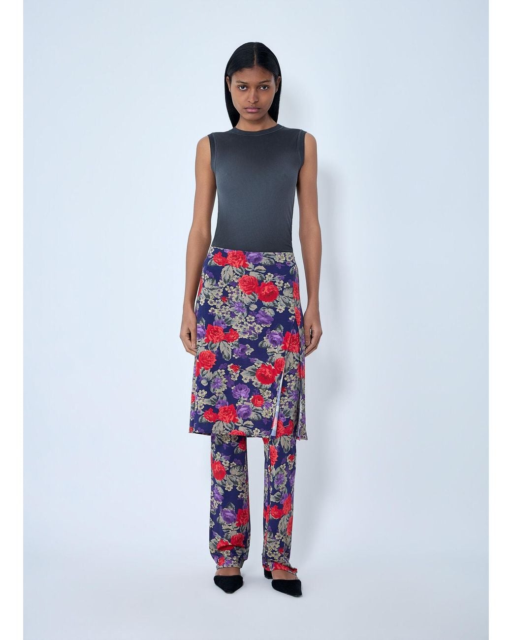 Acne Blue Floral Print Layered Skirt Pants