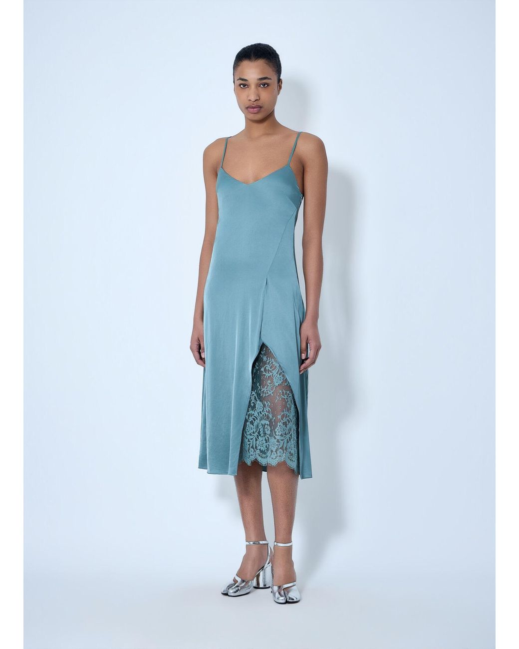 Acne Blue Lace-Trimmed Slip Dress