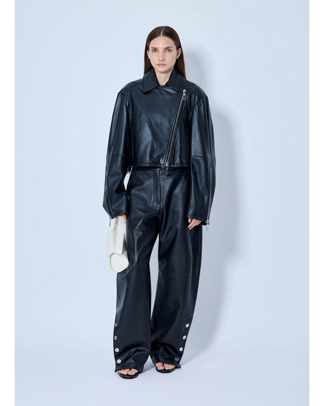 Sportmax Blue Leather Asymmetrical Zip Jacket