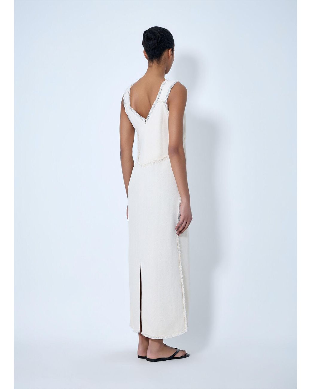Totême  White Bouclé Maxi Dress With Frayed Edges
