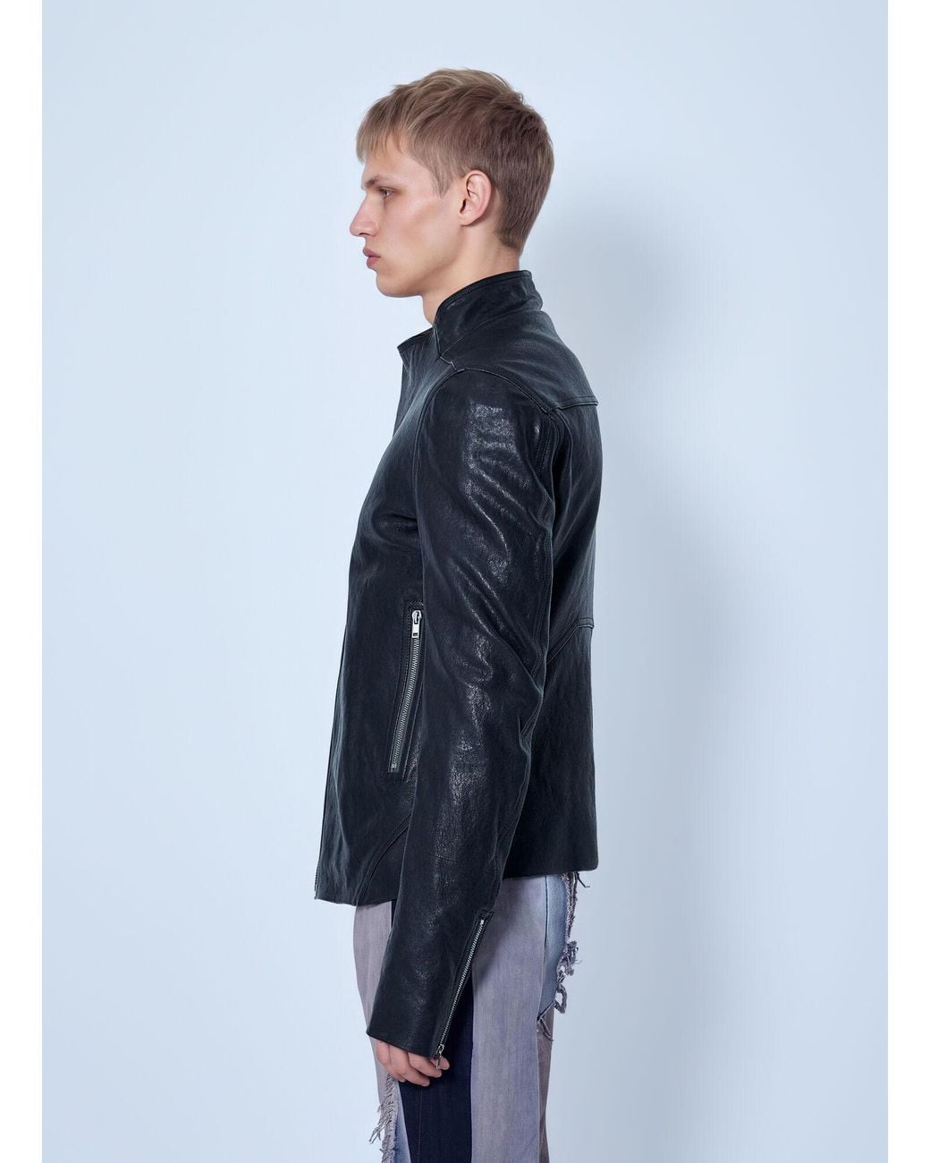 Rick Owens Blue Leather Release Jacket for men