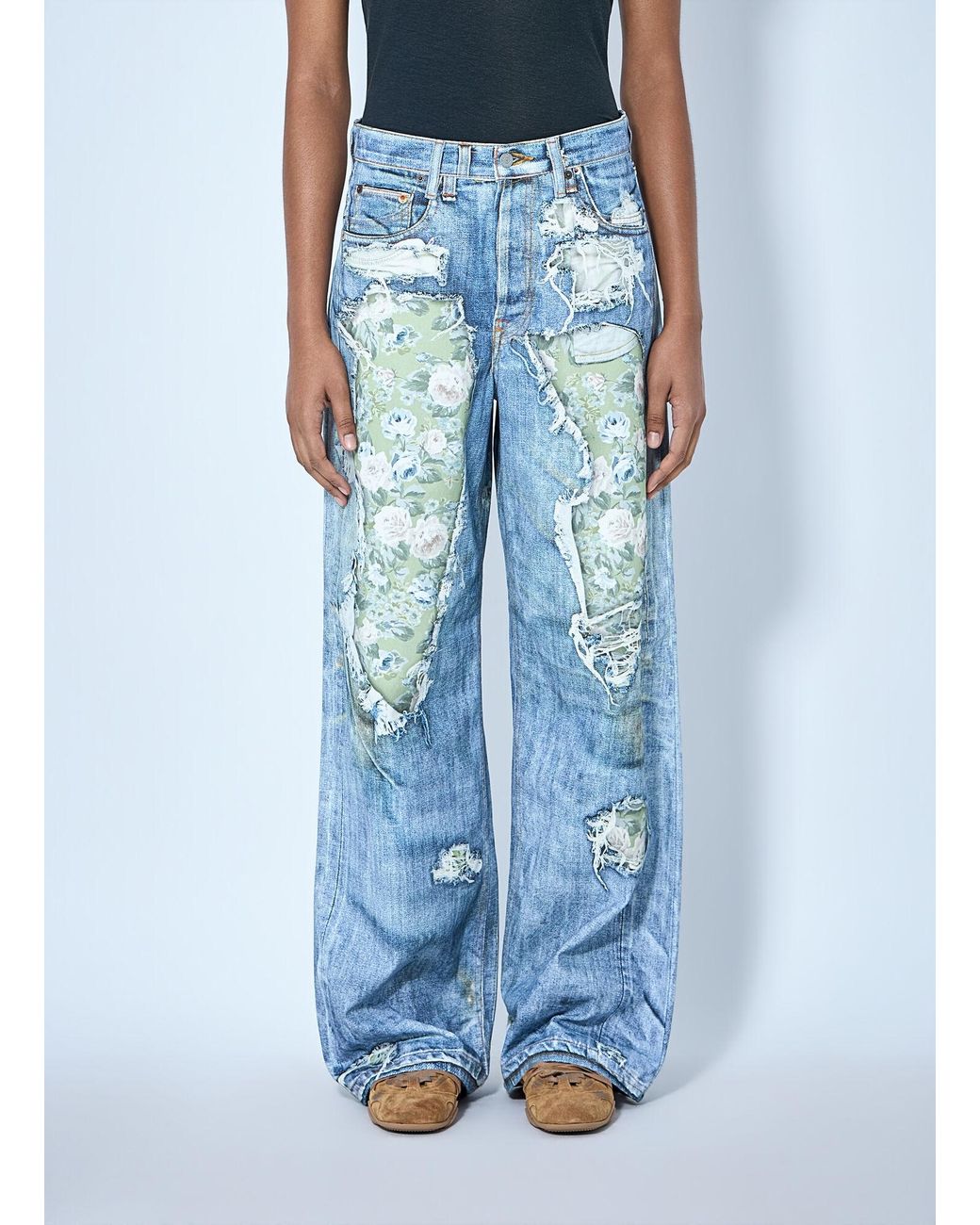 Acne Blue Distressed Floral Patchwork Jeans