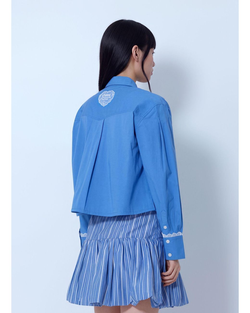 Ganni Blue Stretch Cotton Cropped Bowling Shirt
