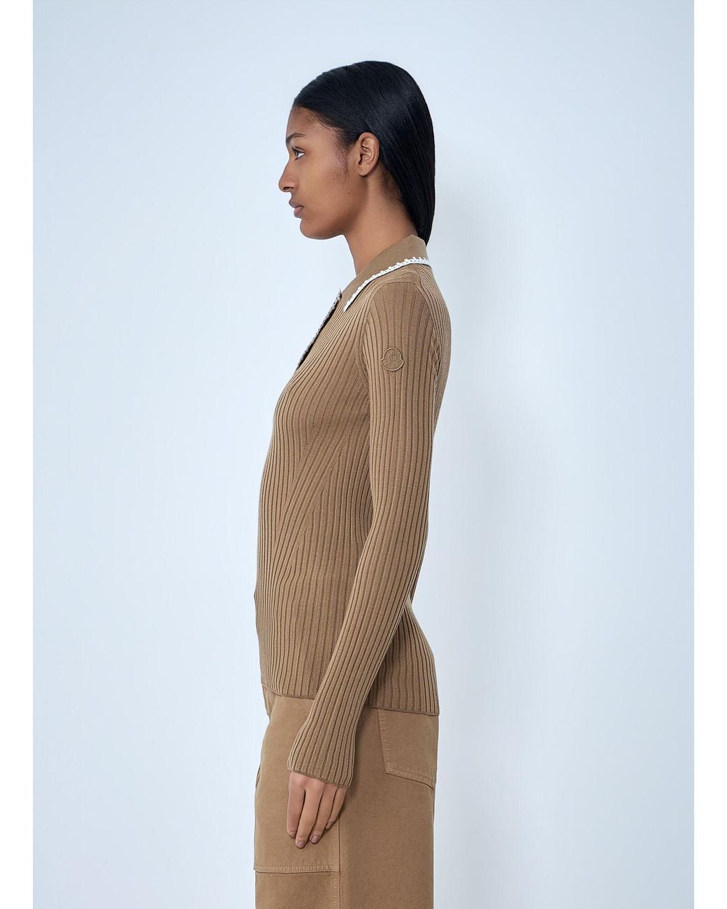 Moncler Natural Ribbed Knit Collared Top