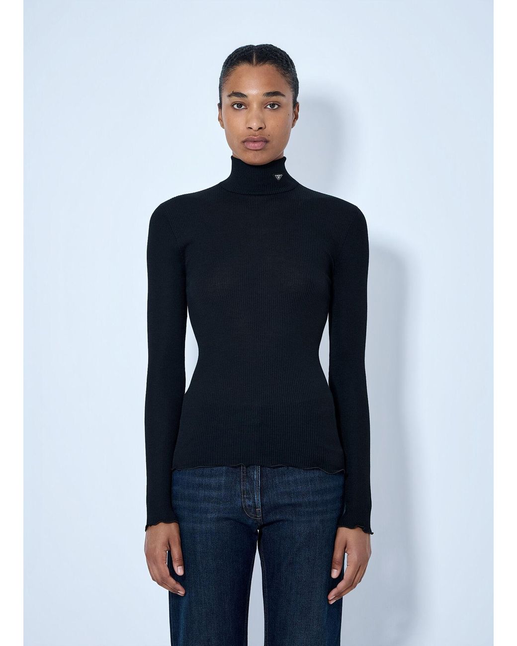 Prada Blue Ribbed Turtleneck Top