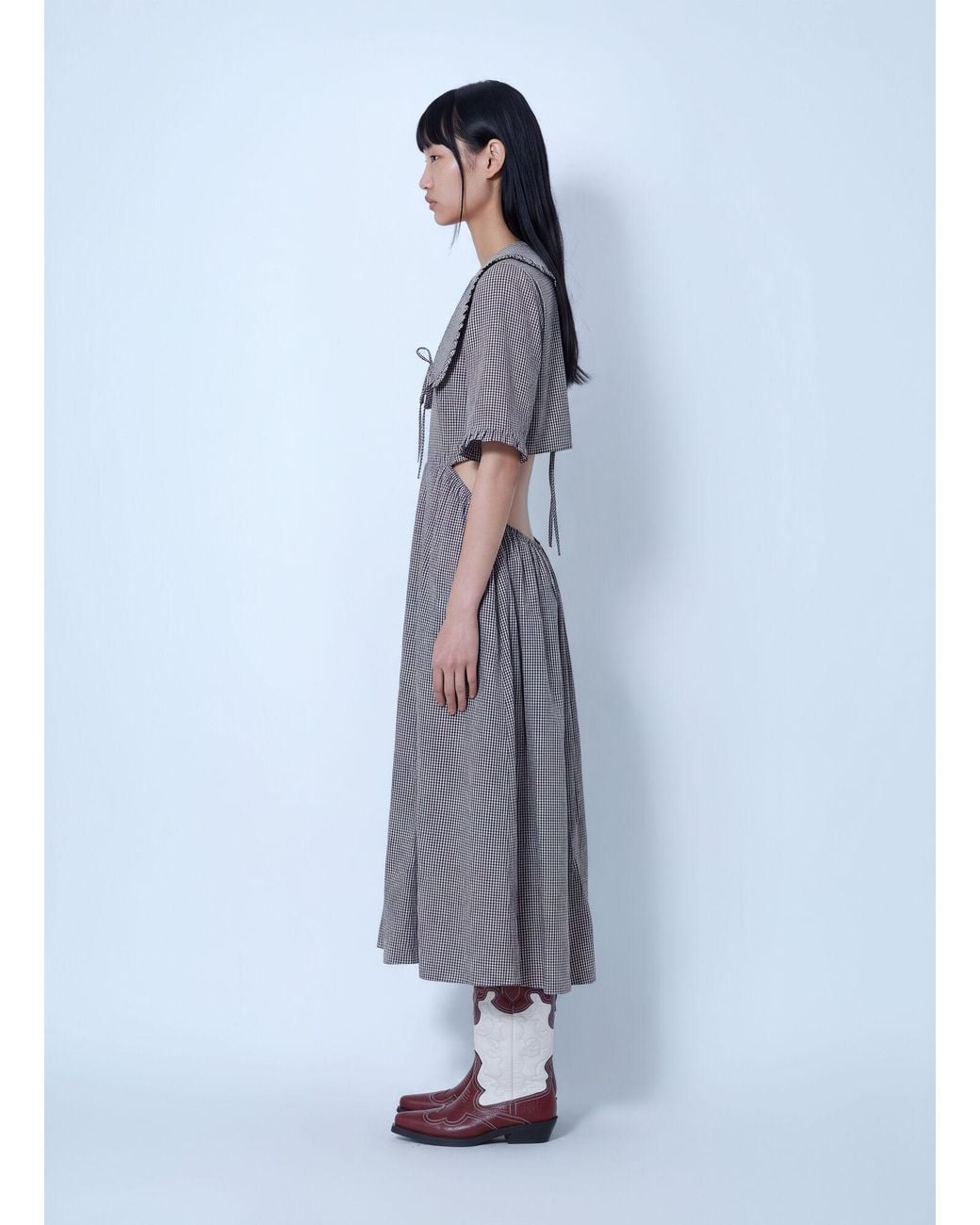Ganni Blue Check Cotton Cut Out Midi Dress