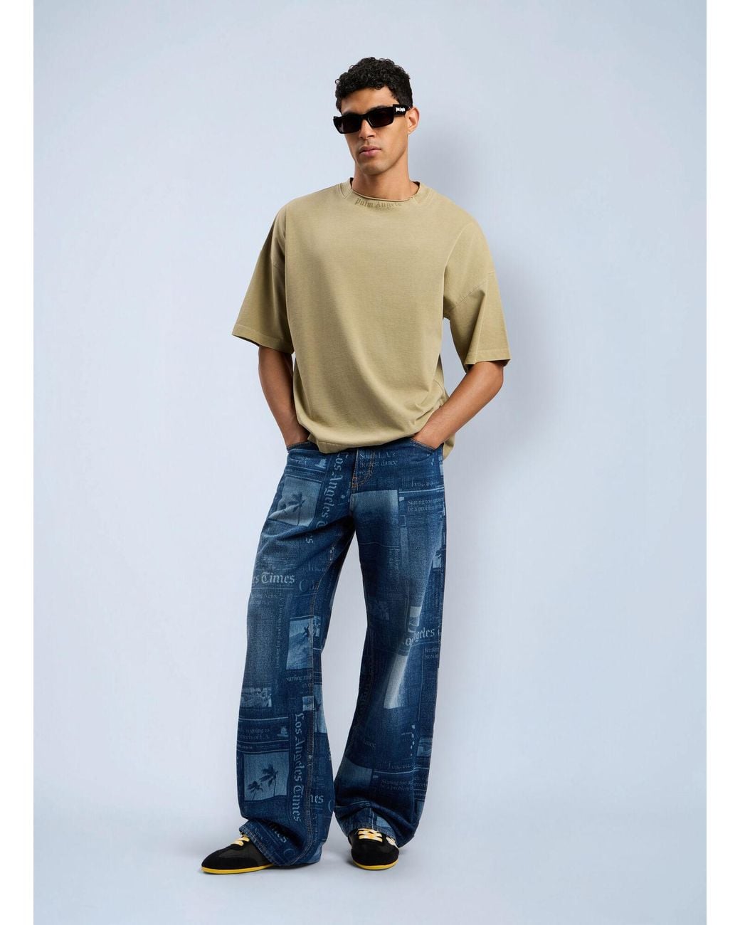 Palm Angels Green Curved Logo Loose Collar T-Shirt for men