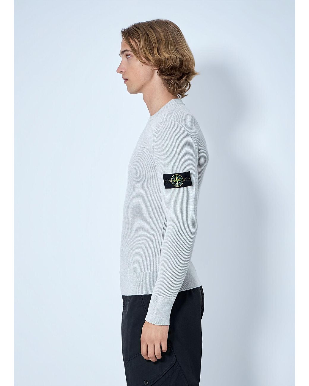 Stone Island White Ribbed Crewneck Sweater for men