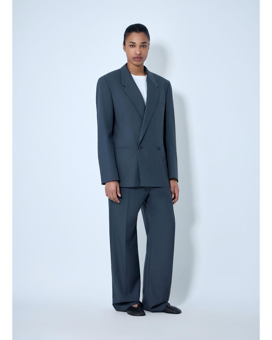 Lemaire Blue Double-Breasted Wool Suit Blazer