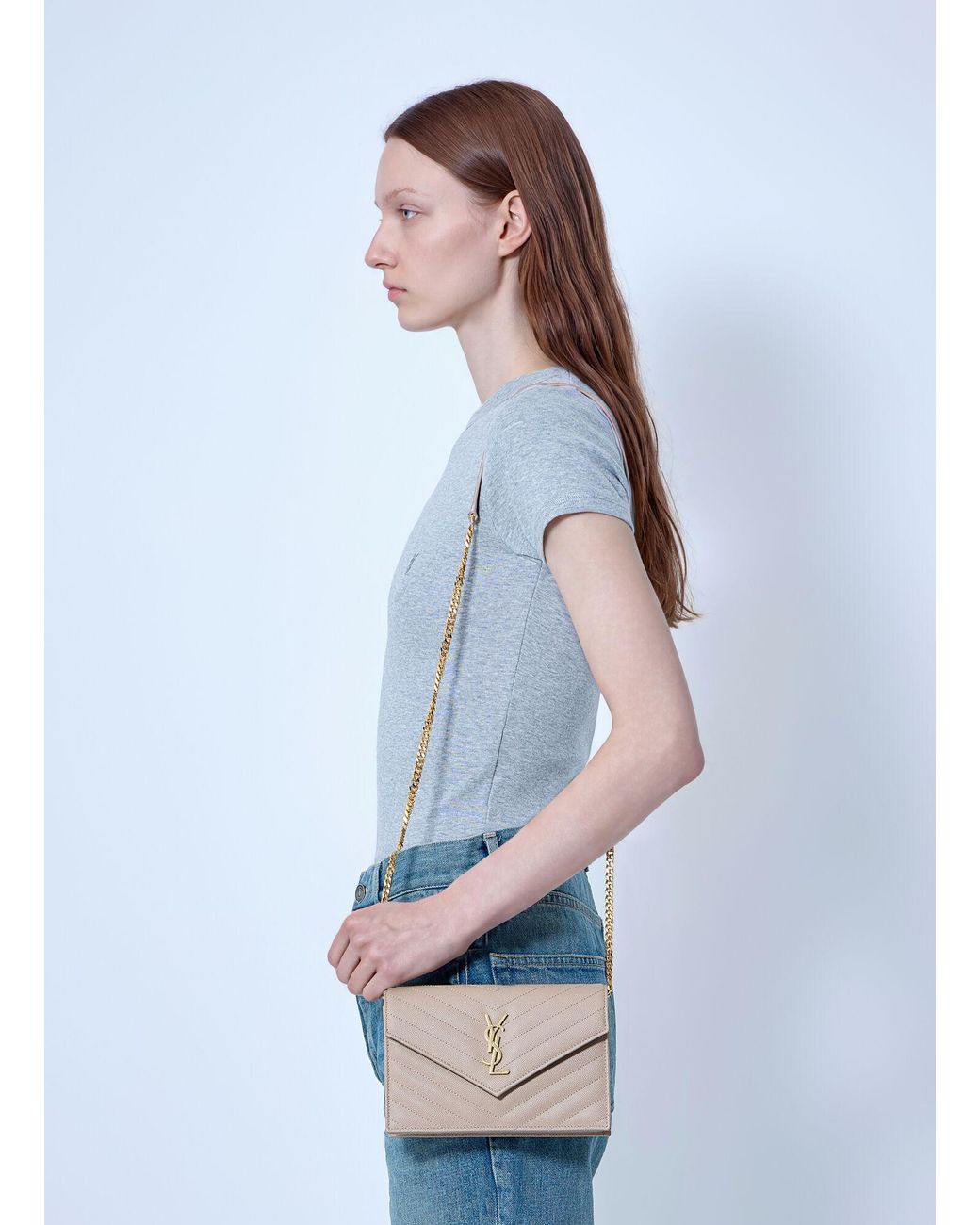 Saint Laurent Blue Cassandre Envelope Chain Wallet