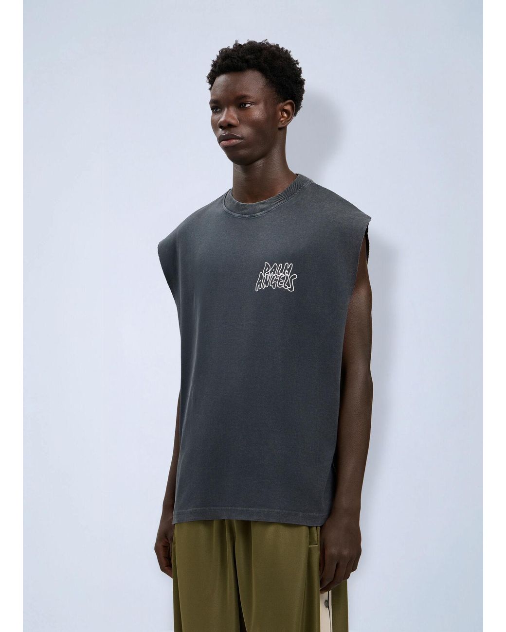 Palm Angels Blue Palm Leaf Distressed Tank for men