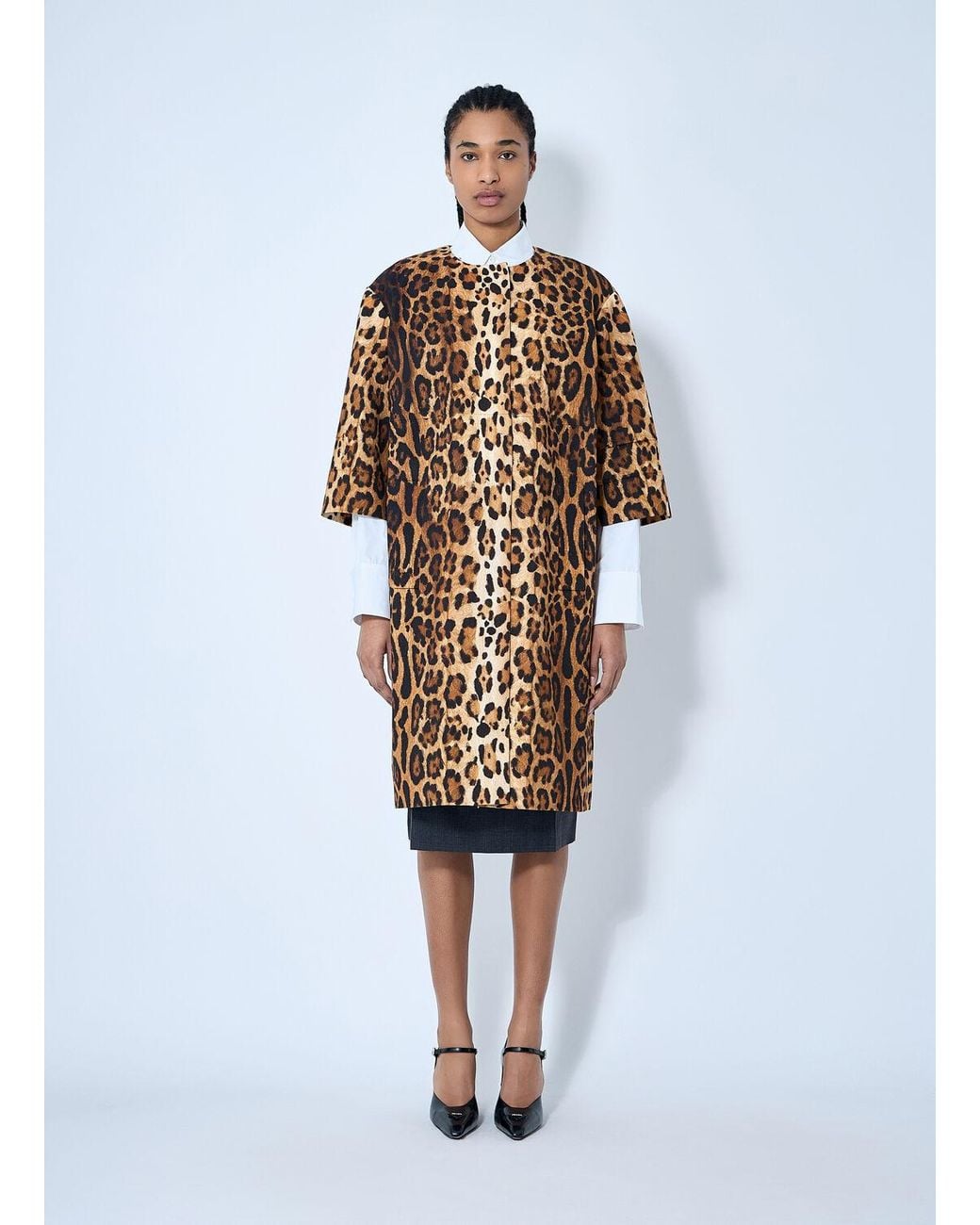 Prada White Single-Breasted Leopard Print Drill Coat
