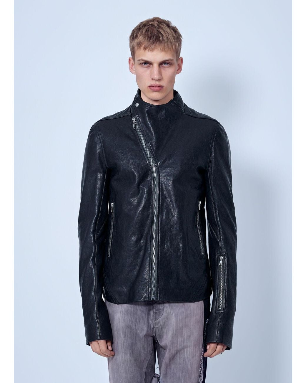 Rick Owens Blue Leather Release Jacket for men