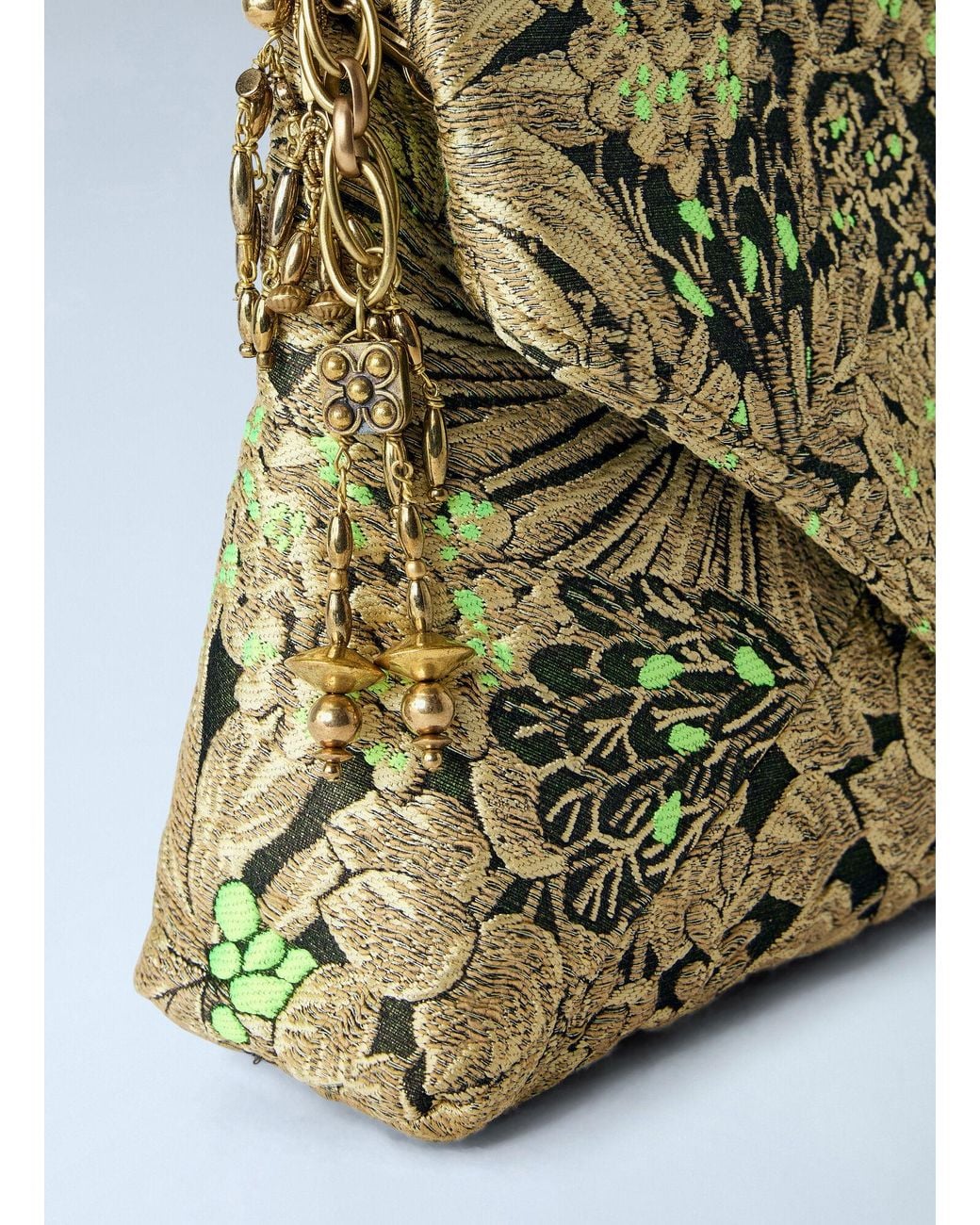 Dries Van Noten Green Floral Embroidered Clutch With Chain Strap