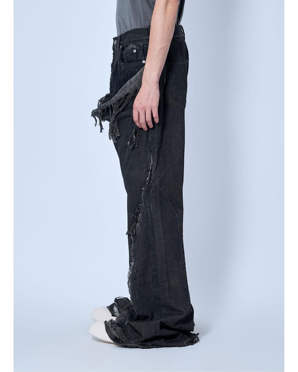 Rick Owens Black Shredded Denim Slivered Bootcut Jeans for men