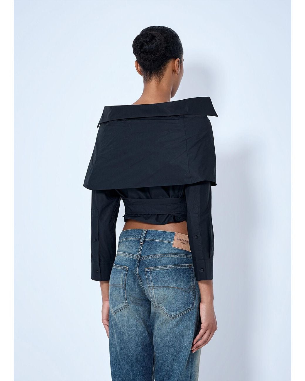 Balenciaga Blue Off-Shoulder Wrap Shirt