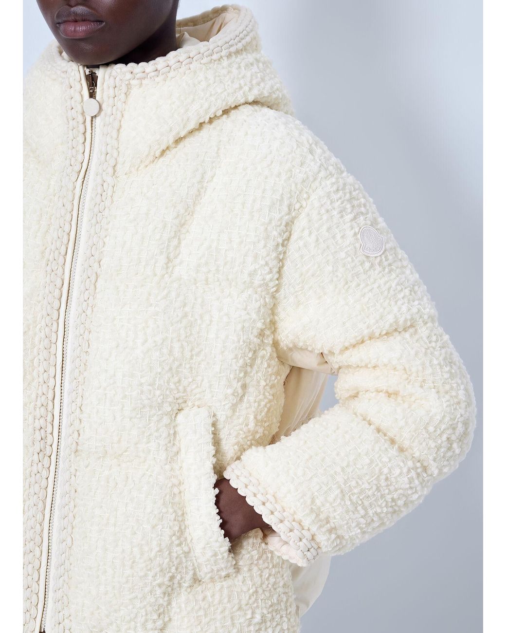 Moncler White Cristallin Hooded Wool Blend Short Down Jacket