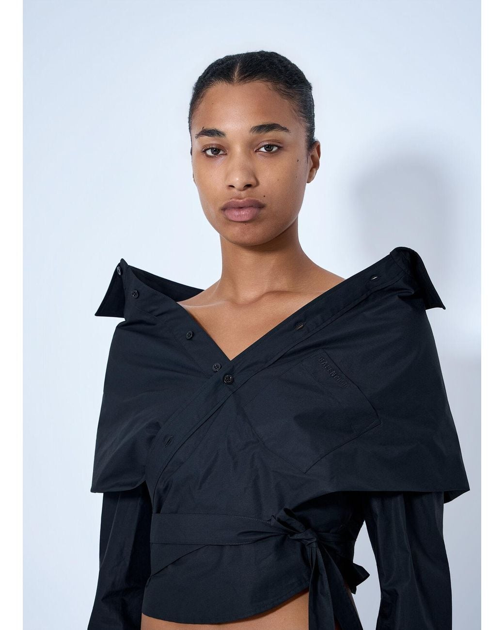 Balenciaga Blue Off-Shoulder Wrap Shirt