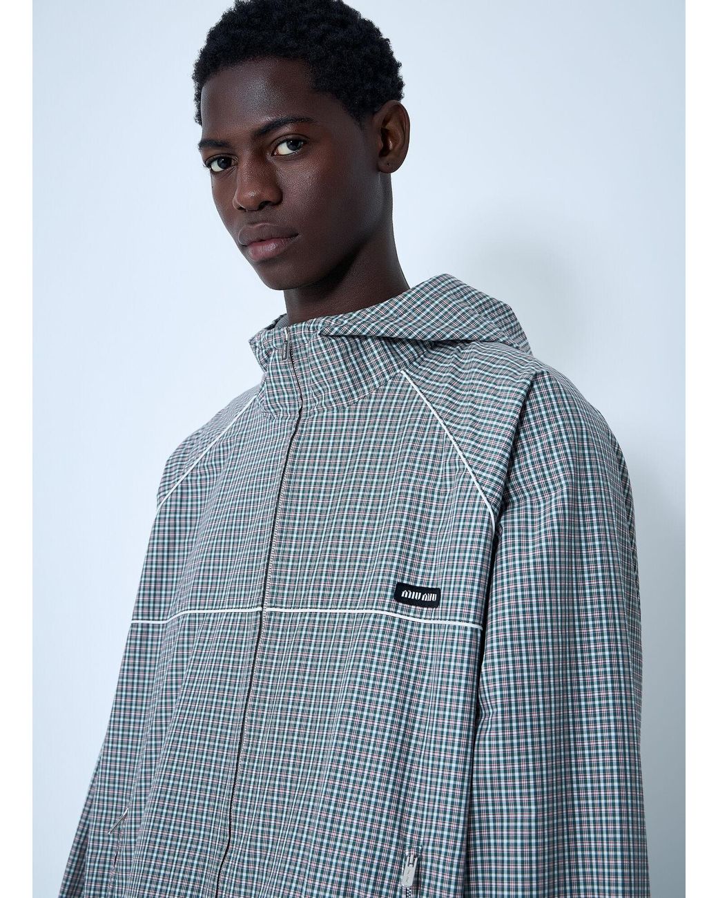 Miu Miu Blue Check Hooded Jacket for men