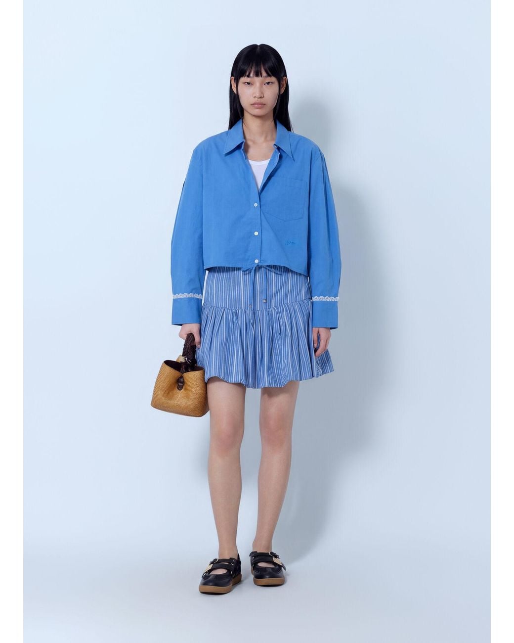 Ganni Blue Stretch Cotton Cropped Bowling Shirt