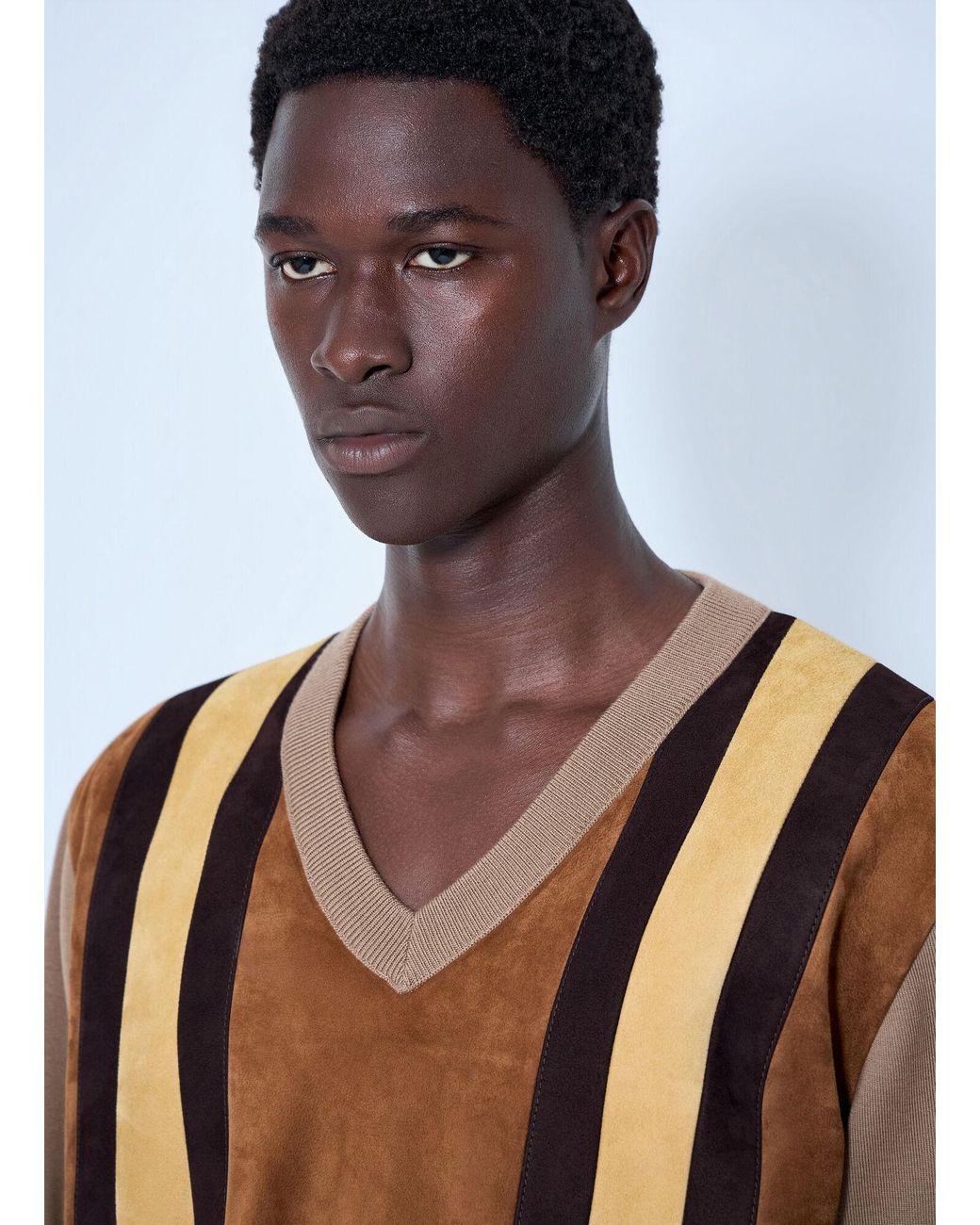 Miu Miu Blue V-Neck Sweater With Contrast Stripes for men