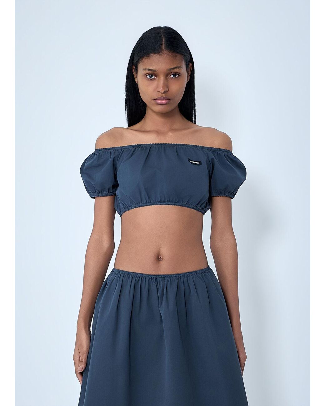 Miu Miu Off-Shoulder Crop Top in Blue | Lyst
