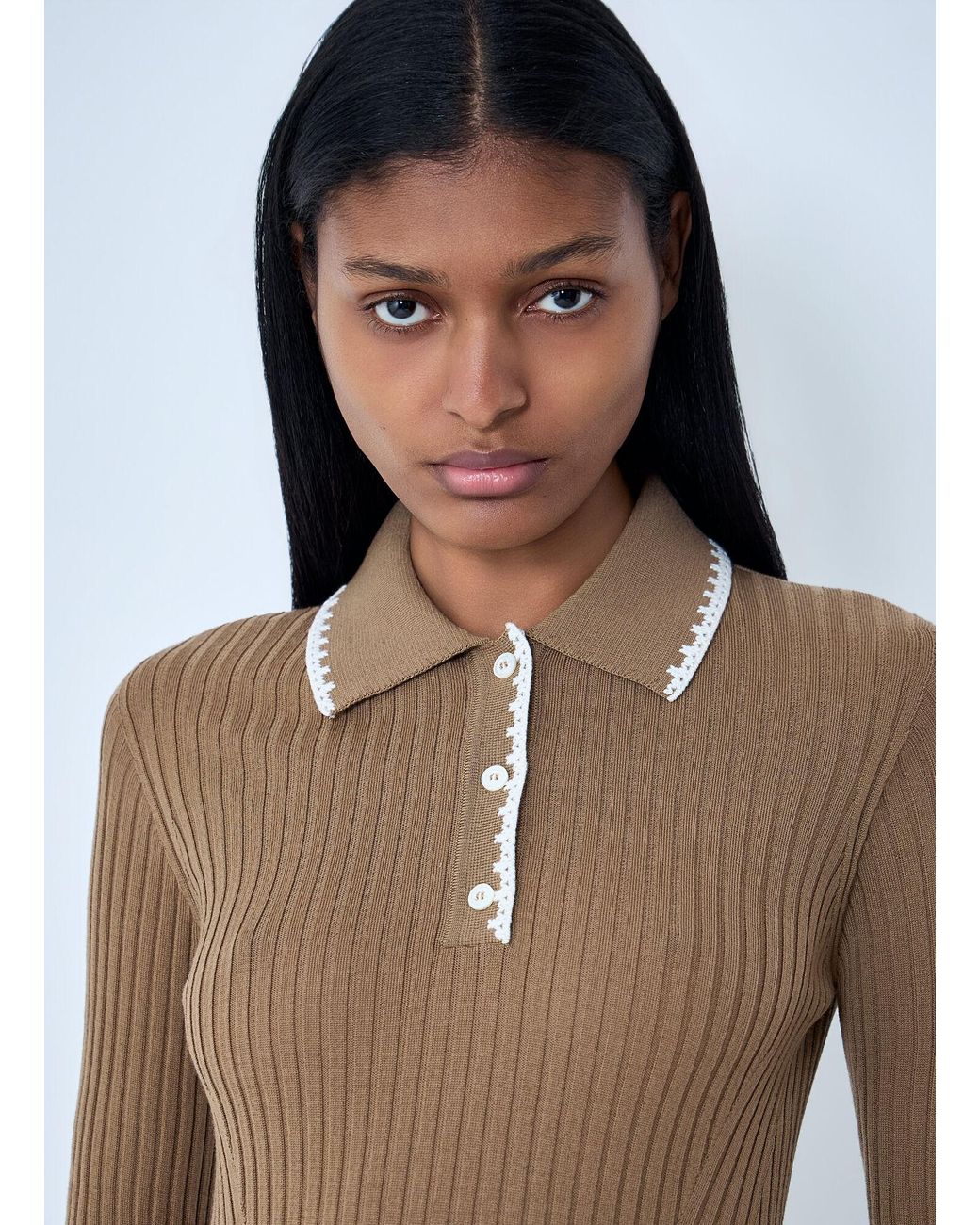 Moncler Natural Ribbed Knit Collared Top