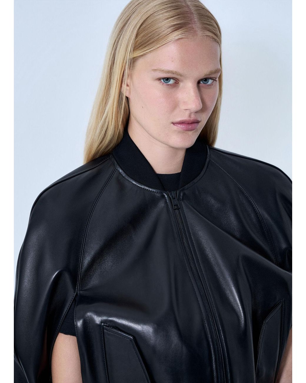 Balenciaga Blue Structured Leather Bomber Jacket