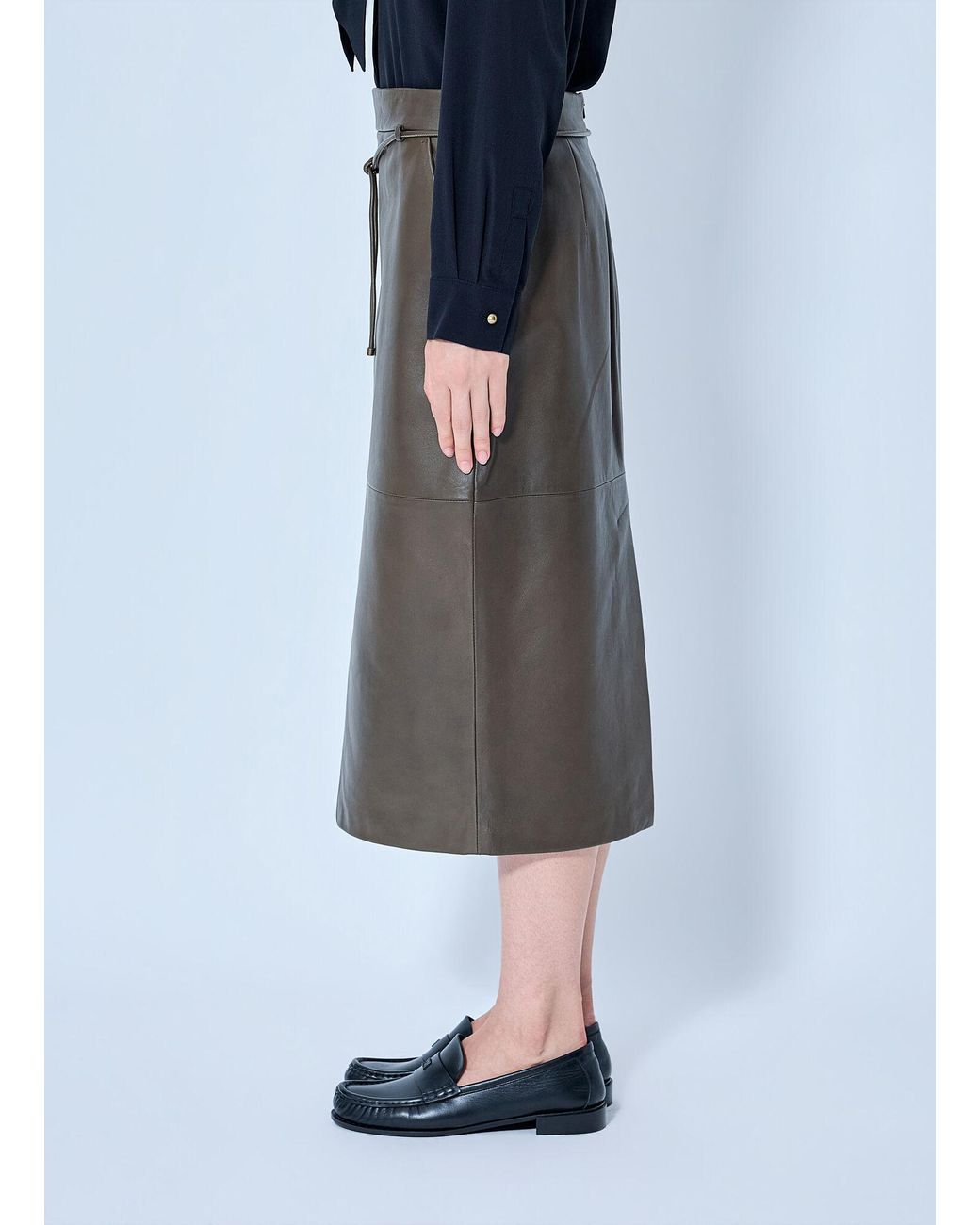 Max Mara Gray Leather Midi Skirt