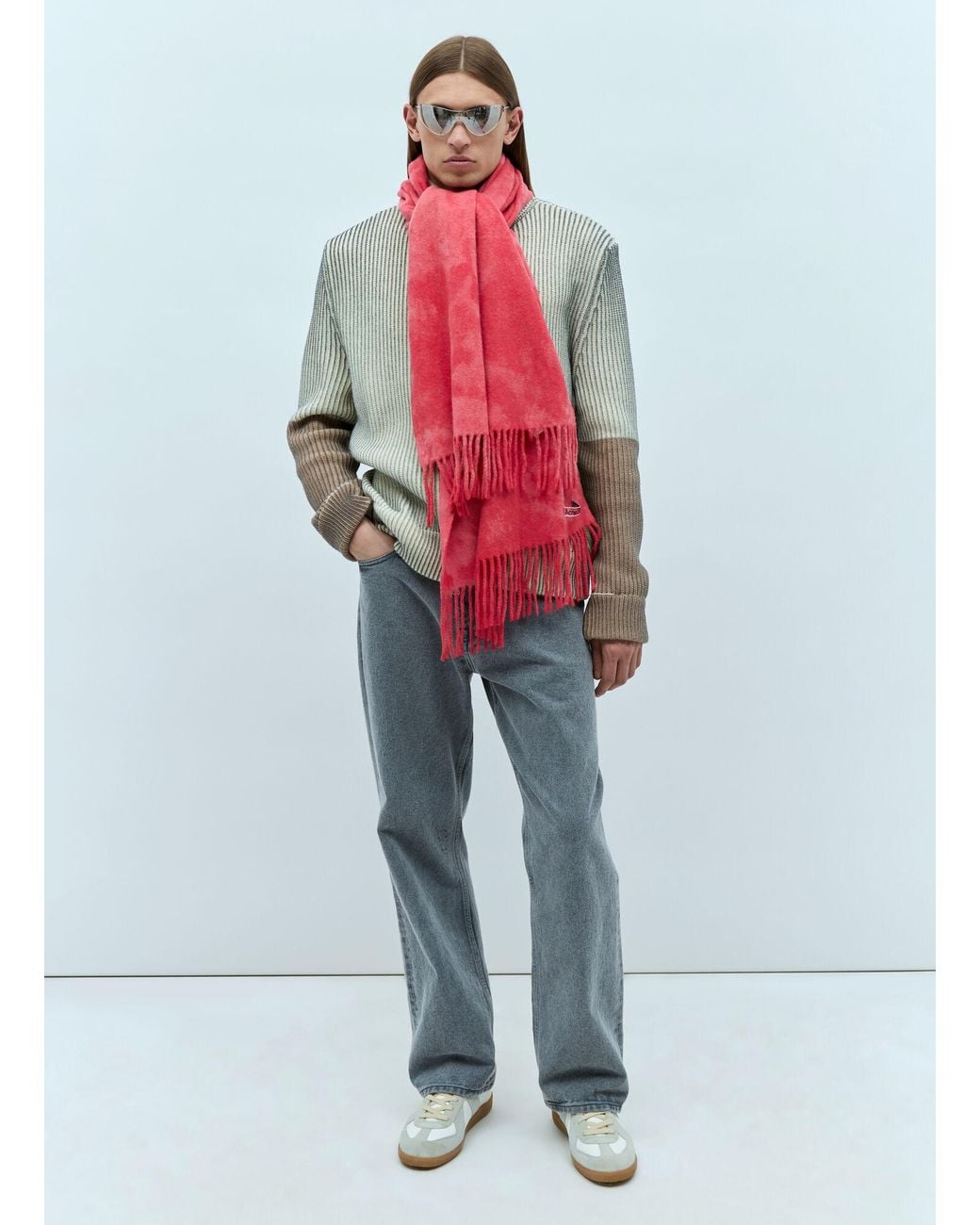 Acne Red Narrow Tie-Dye Wool Scarf for men